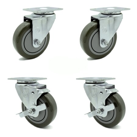 Service Caster 4 Inch Gray Polyurethane Wheel Swivel Top Plate Caster Set with 2 Brakes SCC SCC-20S414-PPUB-TP2-2-TLB-2